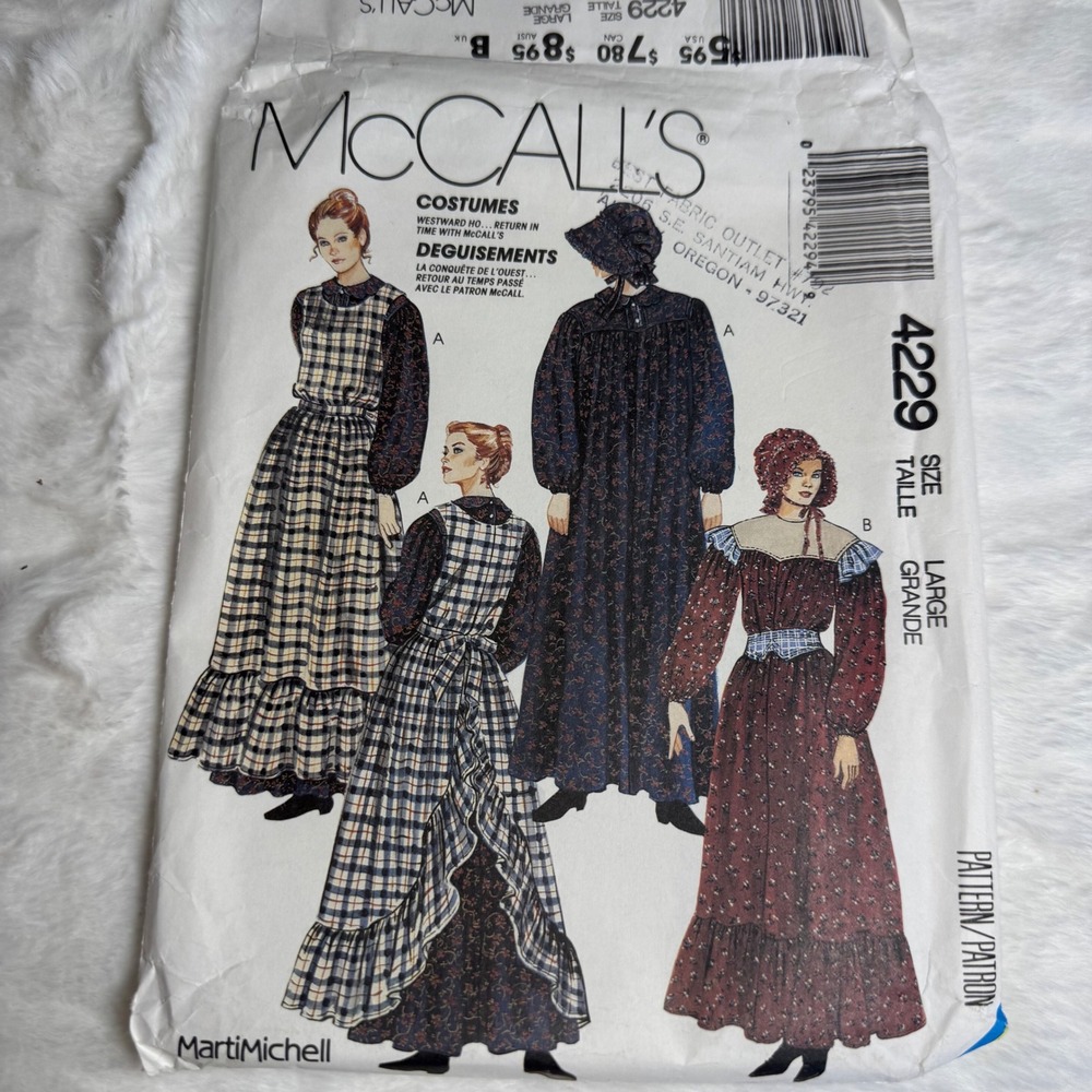 McCall's 4229 Pioneer Costume Pattern Misses Size Large 18-20 Prairie Dress 1989